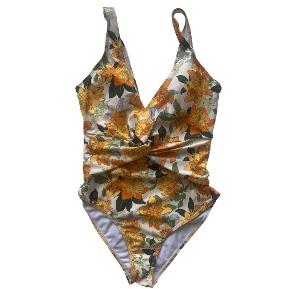 NWT Nicole Miller Yellow Sunrise Blossom Deep V Boho Floral One piece Swimsuit L